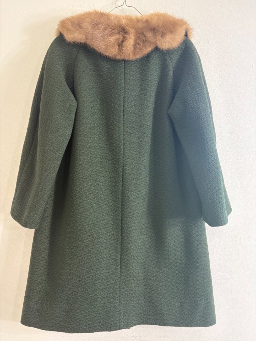 VTG 1950s Hockanum Benara Green Wool Swing Coat Mink Fur Collar Union Made M L - Picture 2 of 10